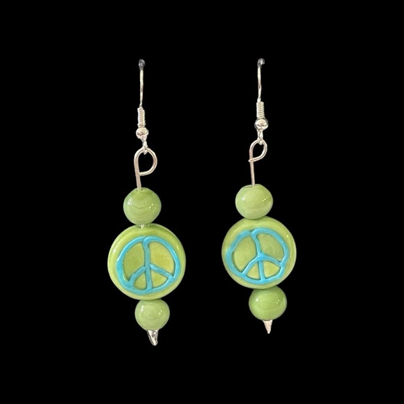 Handcrafted Green Peace Sign Pierced Earrings - Picture 7 of 8